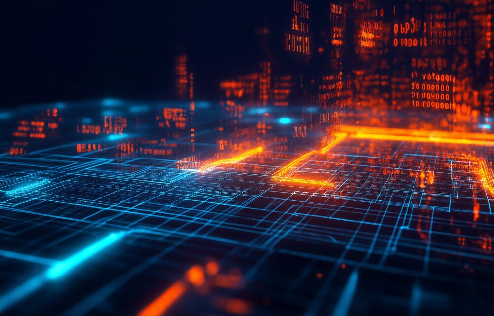 Digitale Illustration eines Schaltkreises mit schwebendem Binärcode in Blau und Orange