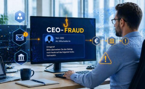 Hier ist ein Bildschirm zusehen, vor dem ein Mann sitzt, welcher eine Nachricht von einem vermeidlichen CEO bekommen hat, in dem beschrieben ist, er solle Geld an ein Konto überweisen.