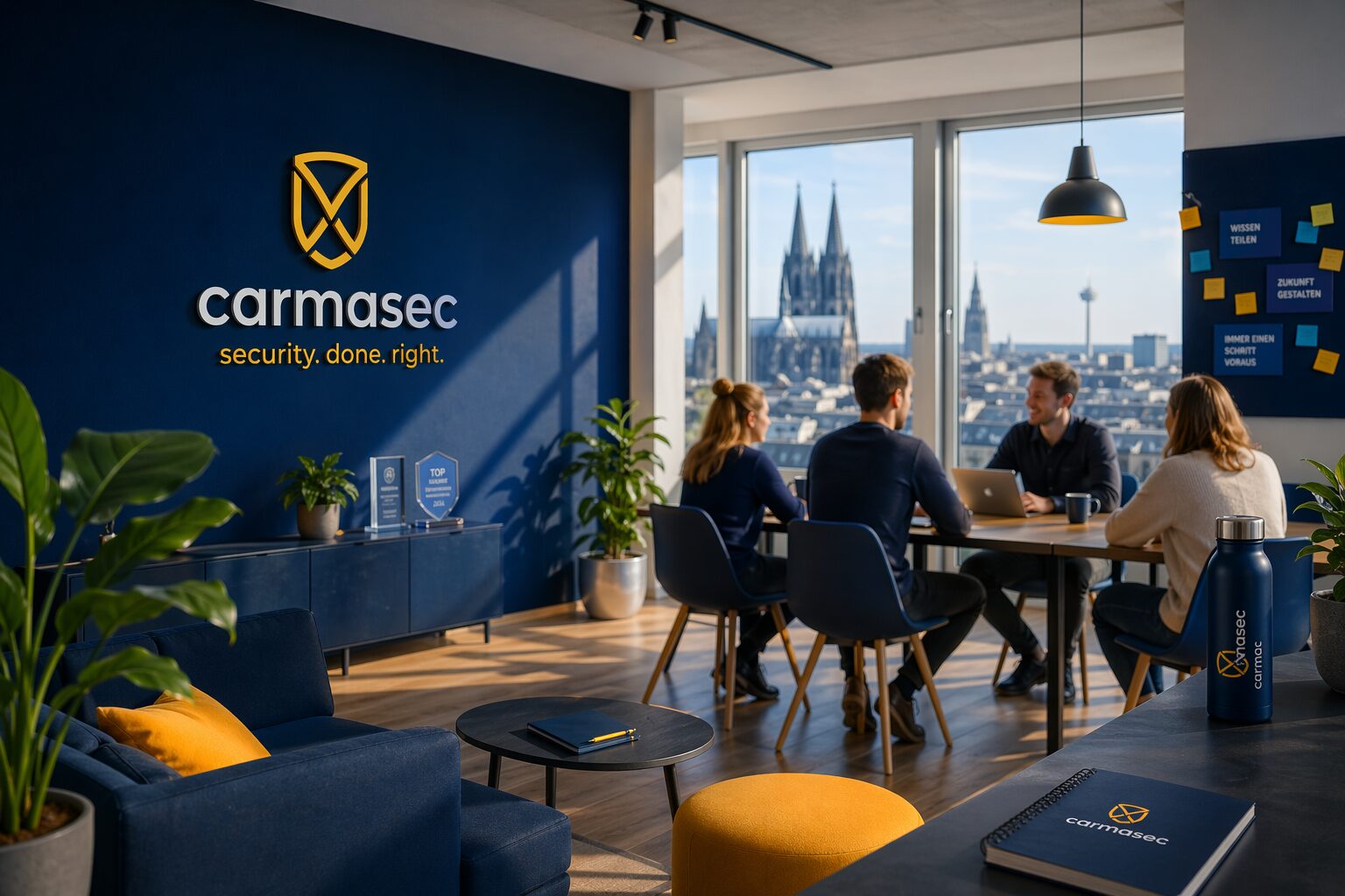 Ein Team sitz in einem Co-Workingspace und arbeitet zusamen an einem Tisch,. Der Raum ist warm und hat viele blaue carmasec Elemente