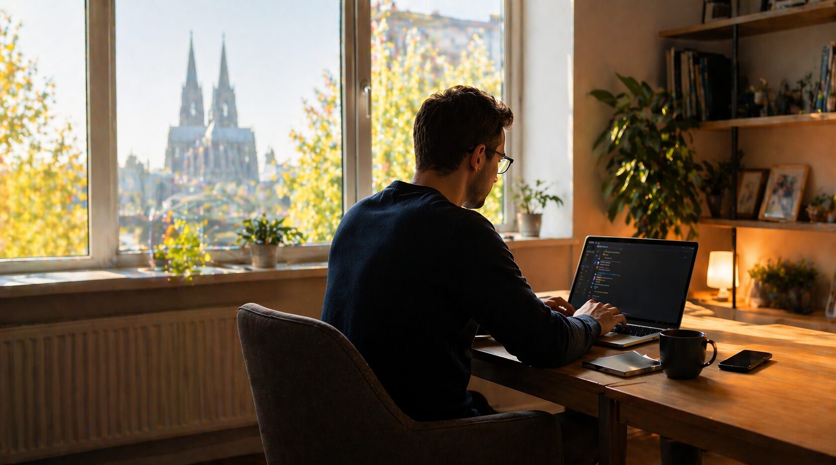Eine Person sitzt zuhause am Macbook und arbeiten im Homeoffice in seiner Stadt. Im Hintergrund ist aus dem Fenster der Kölner Dom zu sehen
