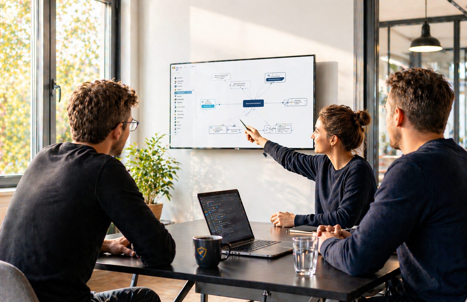 Ein Teammeeting aus 3 Personen. Eine Person erklärt etwas am Whiteboard, währen die anderen zuhören. Die Atmosphäre ist warm und es gibt ein helles Fesnter