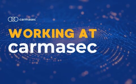 Blaues Muster mit leuchtenden Punkten und einem klaren weißen Quadrat. Text: Working at carmasec.