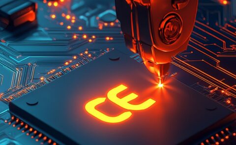 Digitale Illustration eines Roboterarms, der das CE-Kennzeichen auf einen Mikrochip graviert, in Orange und Blau