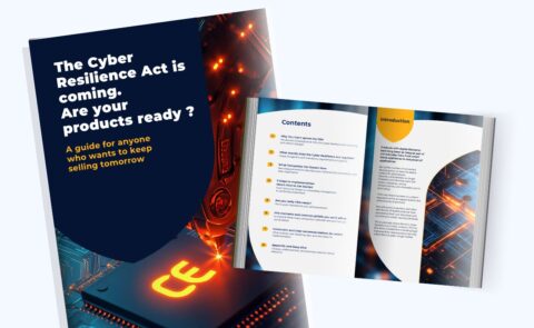 Cyber Resilience Act whitepaper shown as a cover and open brochure, featuring a dark blue and orange technology-inspired design.