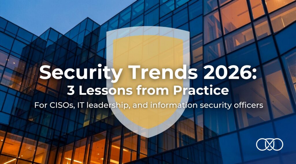 Security Trends 2026 a blog article by carmasec. Large building in the background with protective shield
