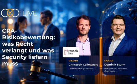 Symbolische Darstellung des Cyber Resilience Act mit EU-Sicherheitssymbolen, Mikrochip, Lieferkette und Richterhammer in einer digitalen Cybersecurity-Umgebung.